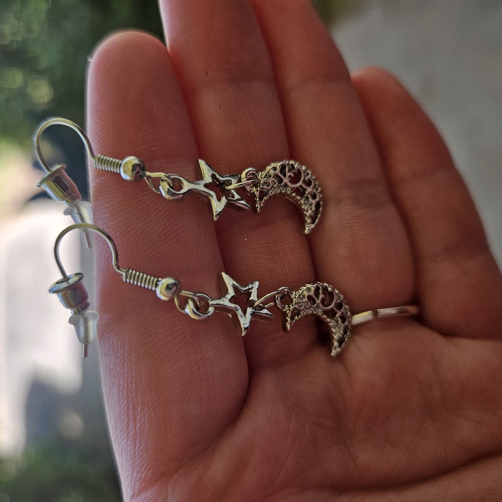 Silver Moon and Star Dangle Earrings